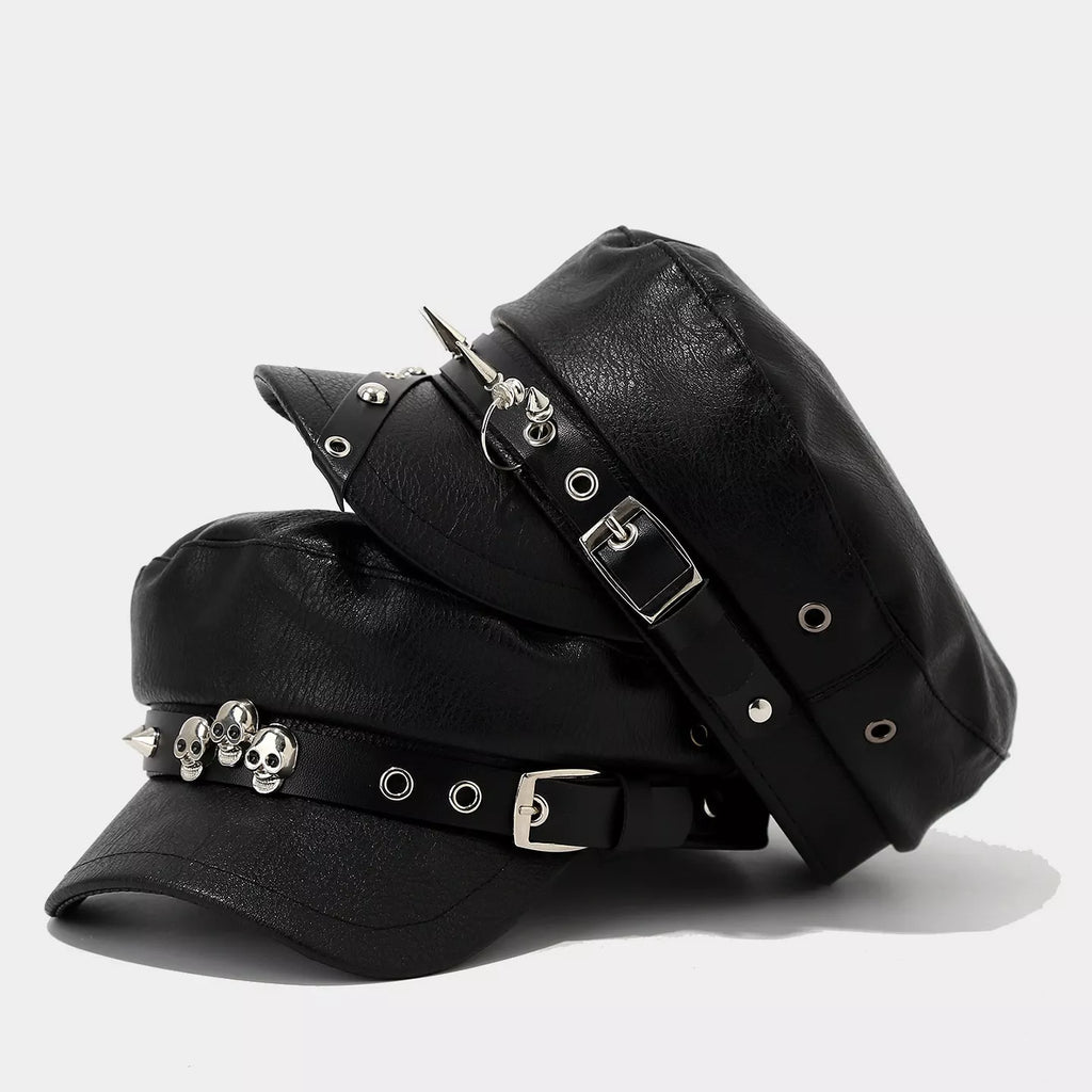 Studded Embellished Faux Leather Hat