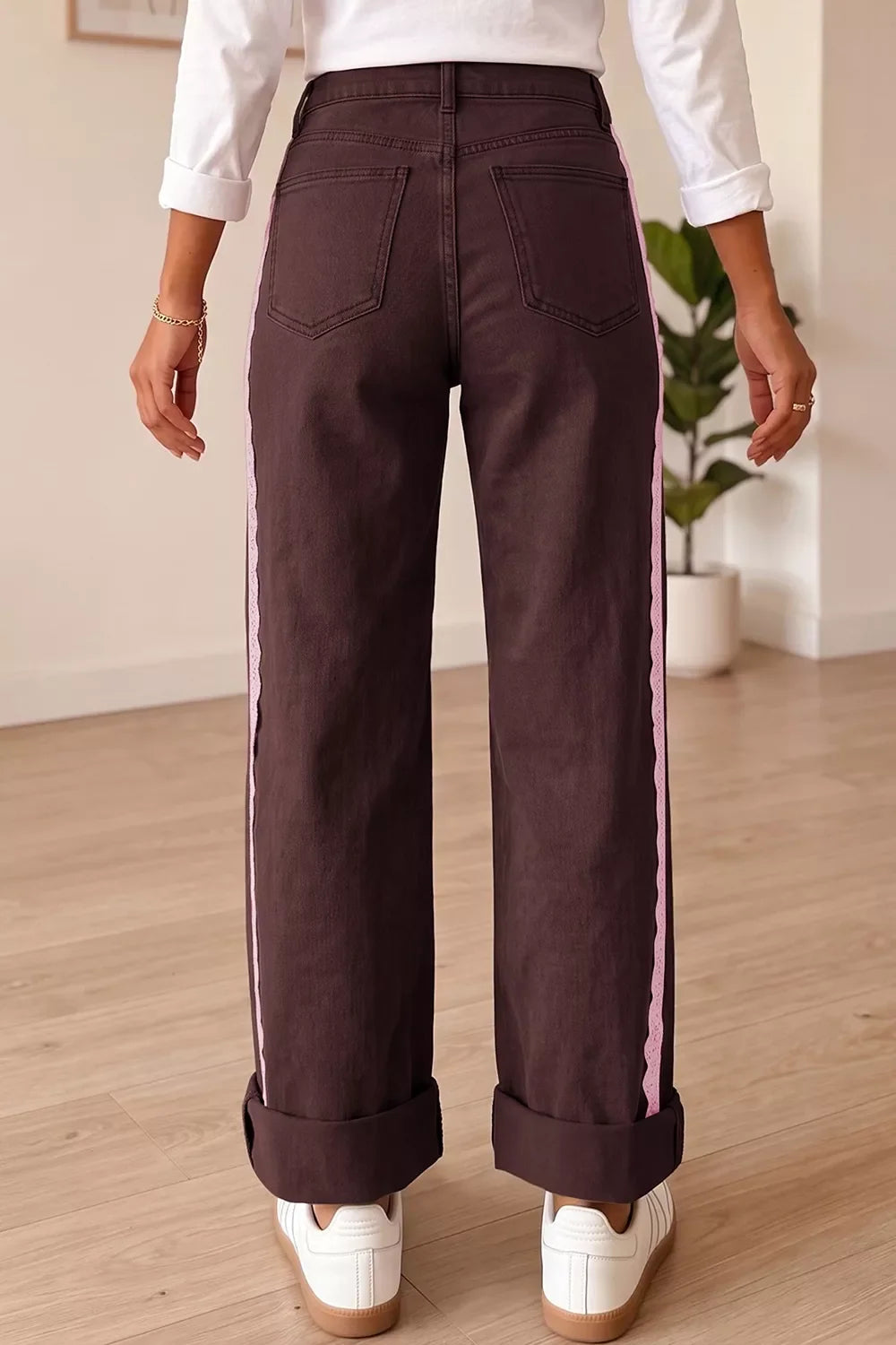 Lace Trim Casual Full-Length Regular Fit Jeans