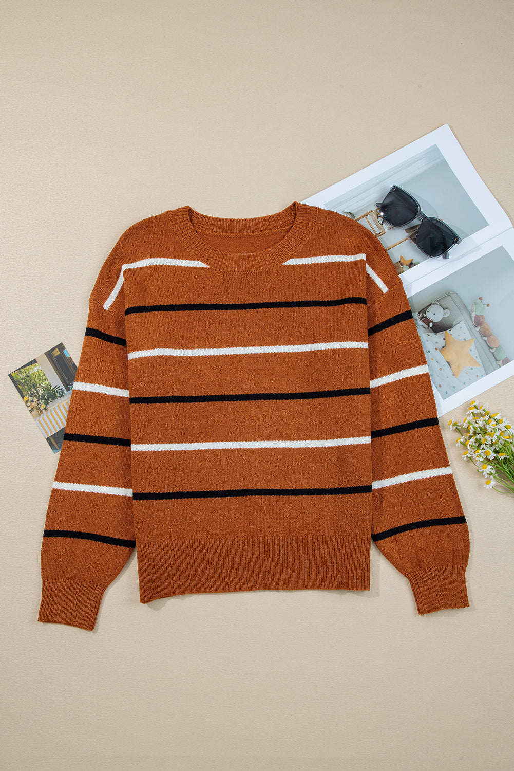 Stripe Ribbed Trim Drop Shoulder Sweater