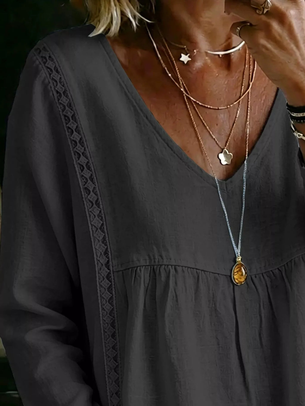 Full Size V-Neck Lace Trimmed Long Sleeve Blouse Plus Size