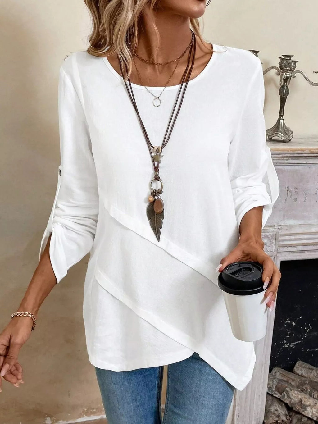 Asymmetrical Hem Solid Color Linen Blouse