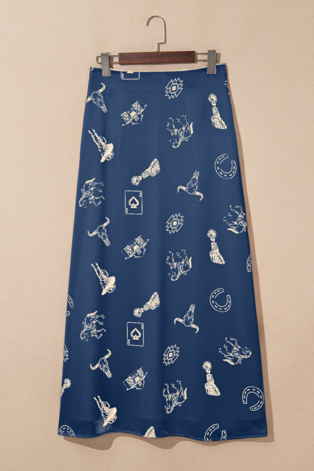 White Western Print Satin Long Skirt