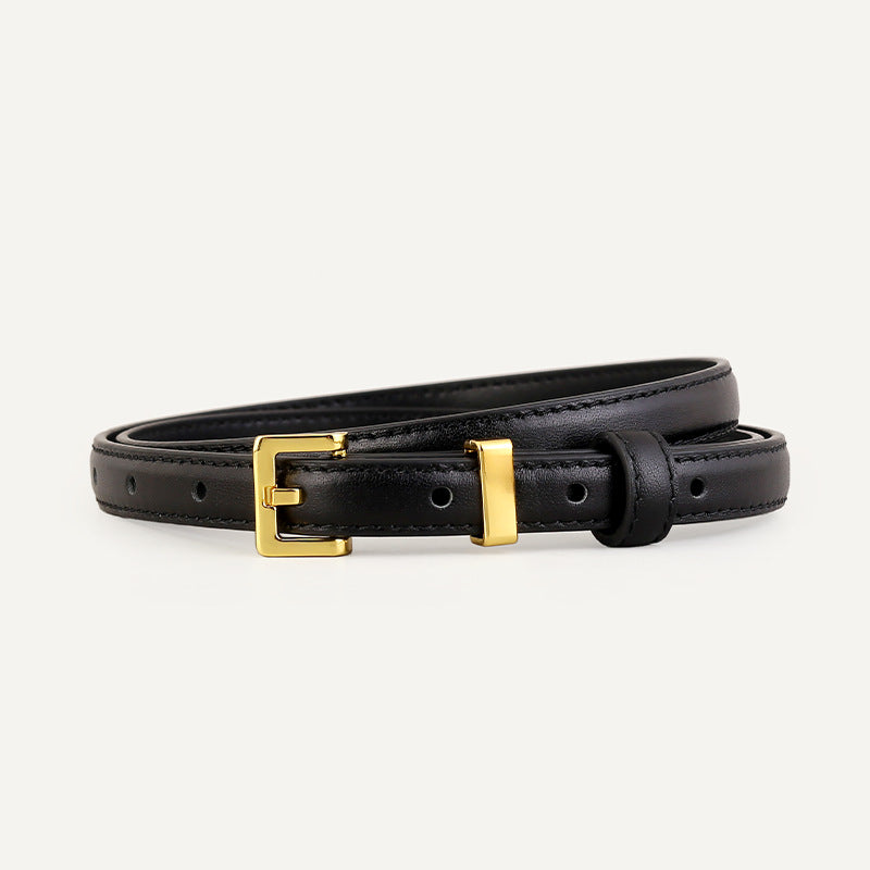 Skinny Leather Belt with Golden Buckle