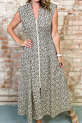 Beige Leopard Zip Front V Neck Cinched Waist Sleeveless Maxi Dress