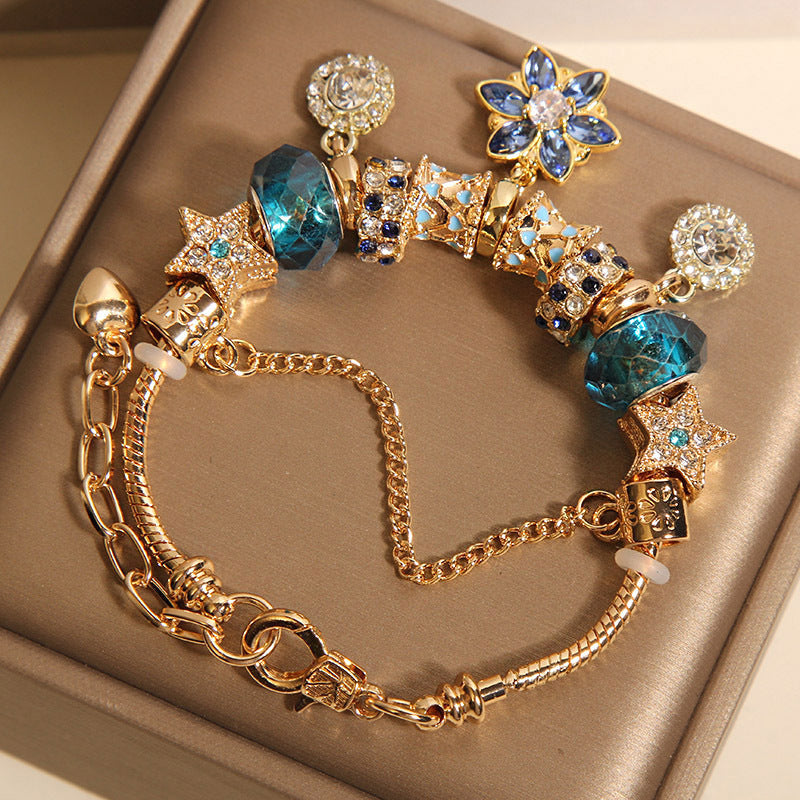 Womens Star And Flower Pendant Blue Crystal Bracelet