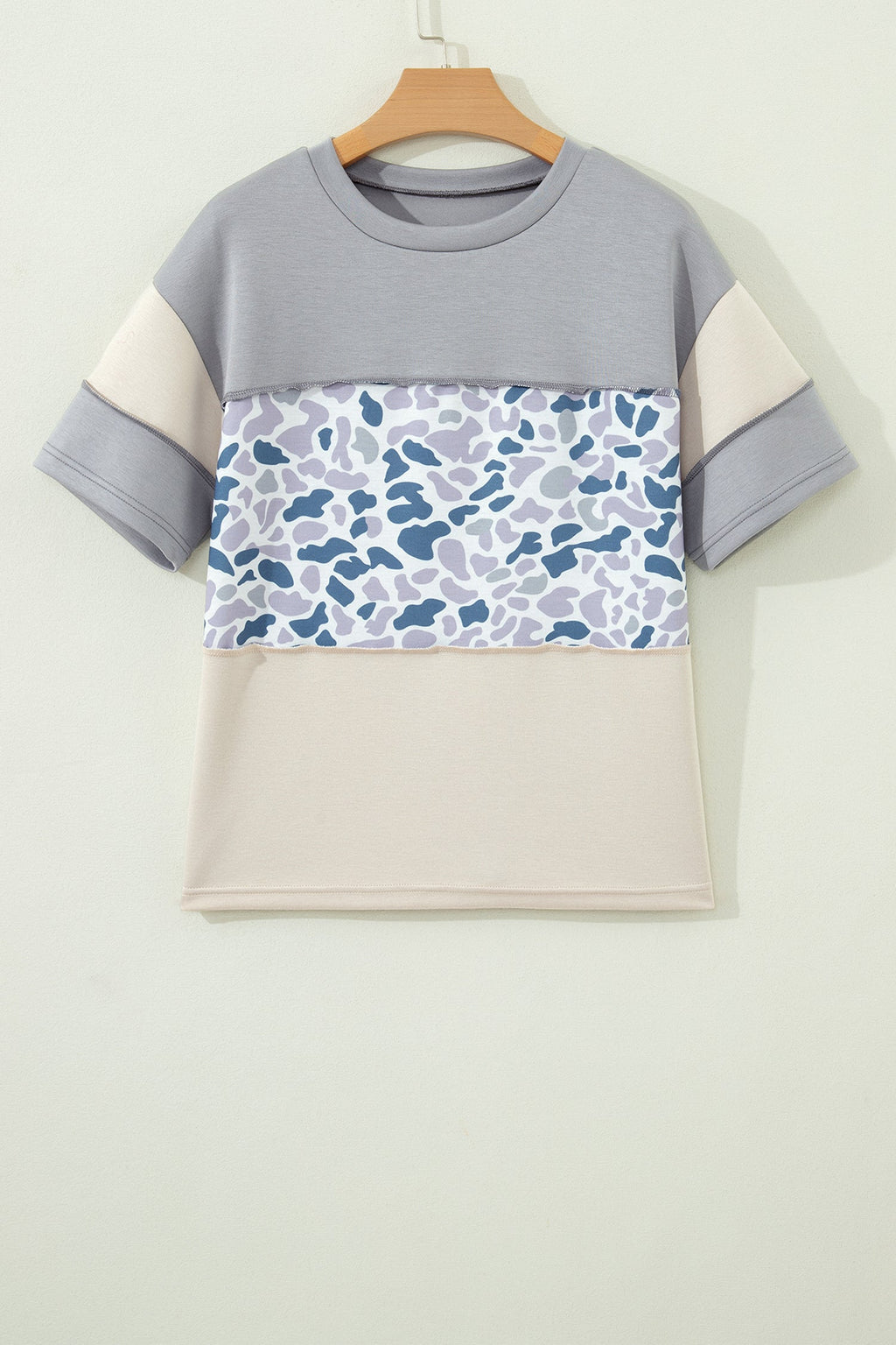 Gray Raw Seam Color Block Camouflage Patchwork Casual Tee