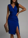 Full Size V-Neck Sleeveless Ruched Midi Dress with Slit Plus Size