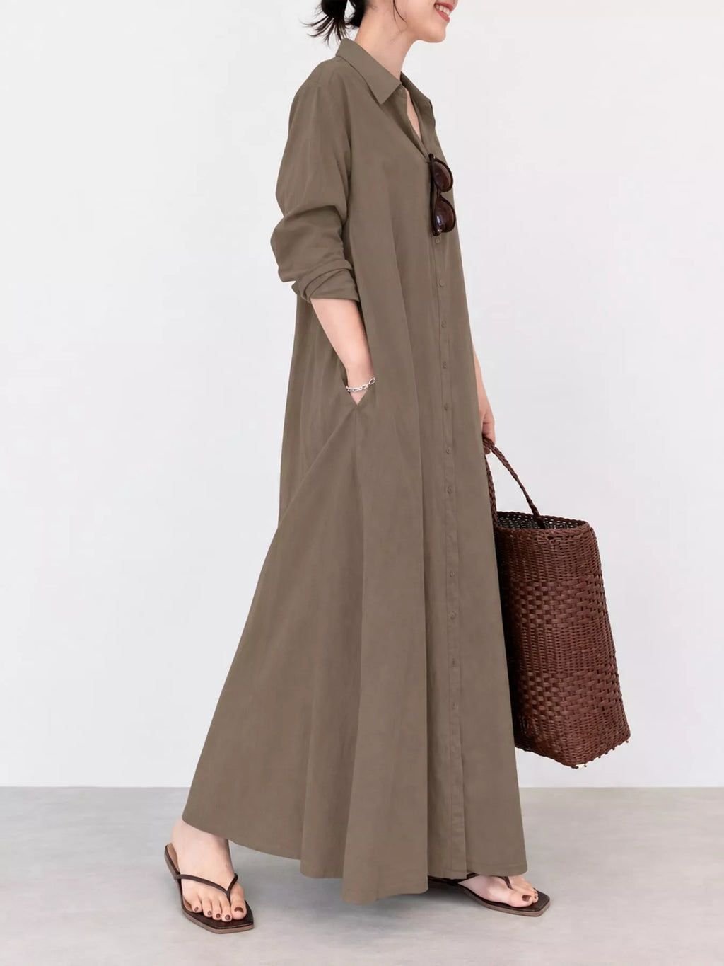 Full Size Button Front Long Sleeve Maxi Shirt Dress Plus Size
