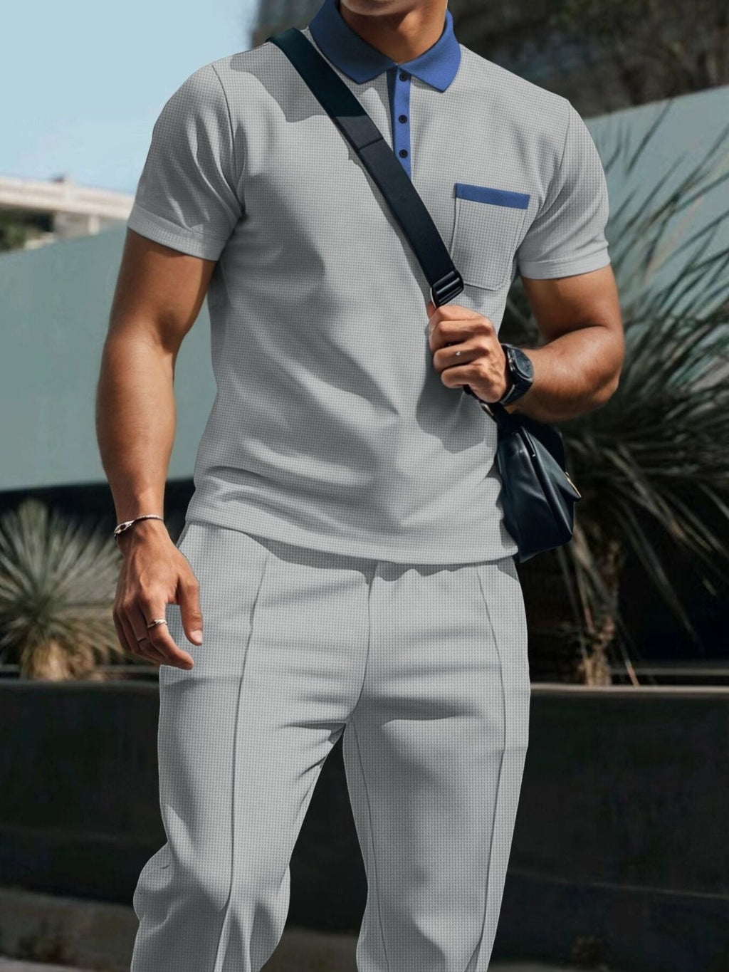 Men's Full Size Short Sleeve Polo and Pants Set Plus Size