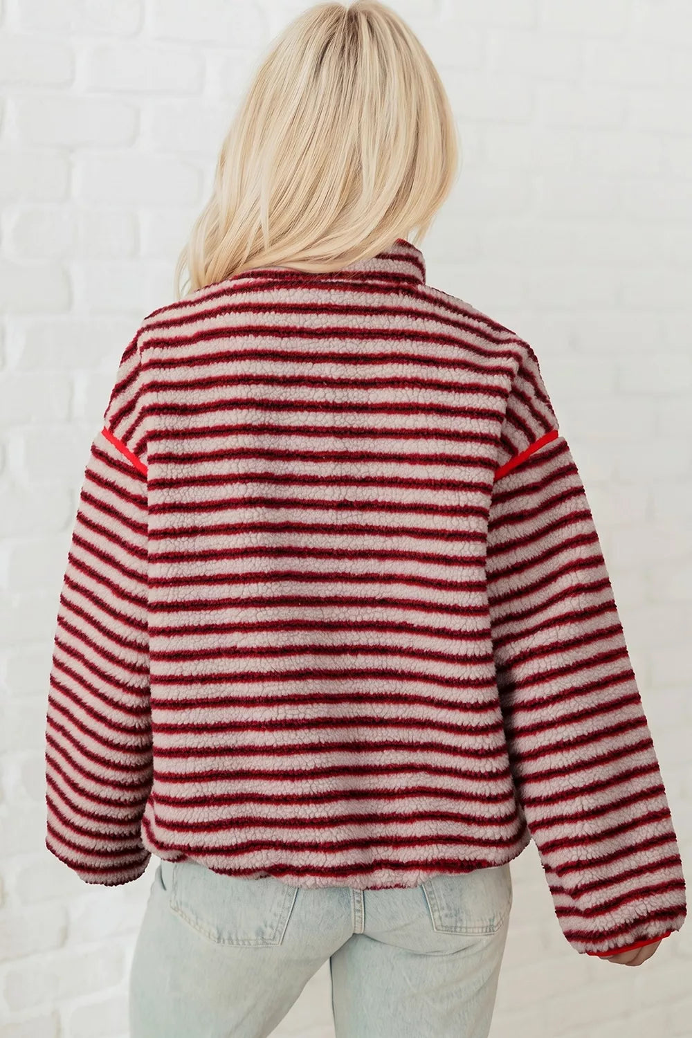 Striped Fuzzy Colorblock Button Placket Sweatshirt
