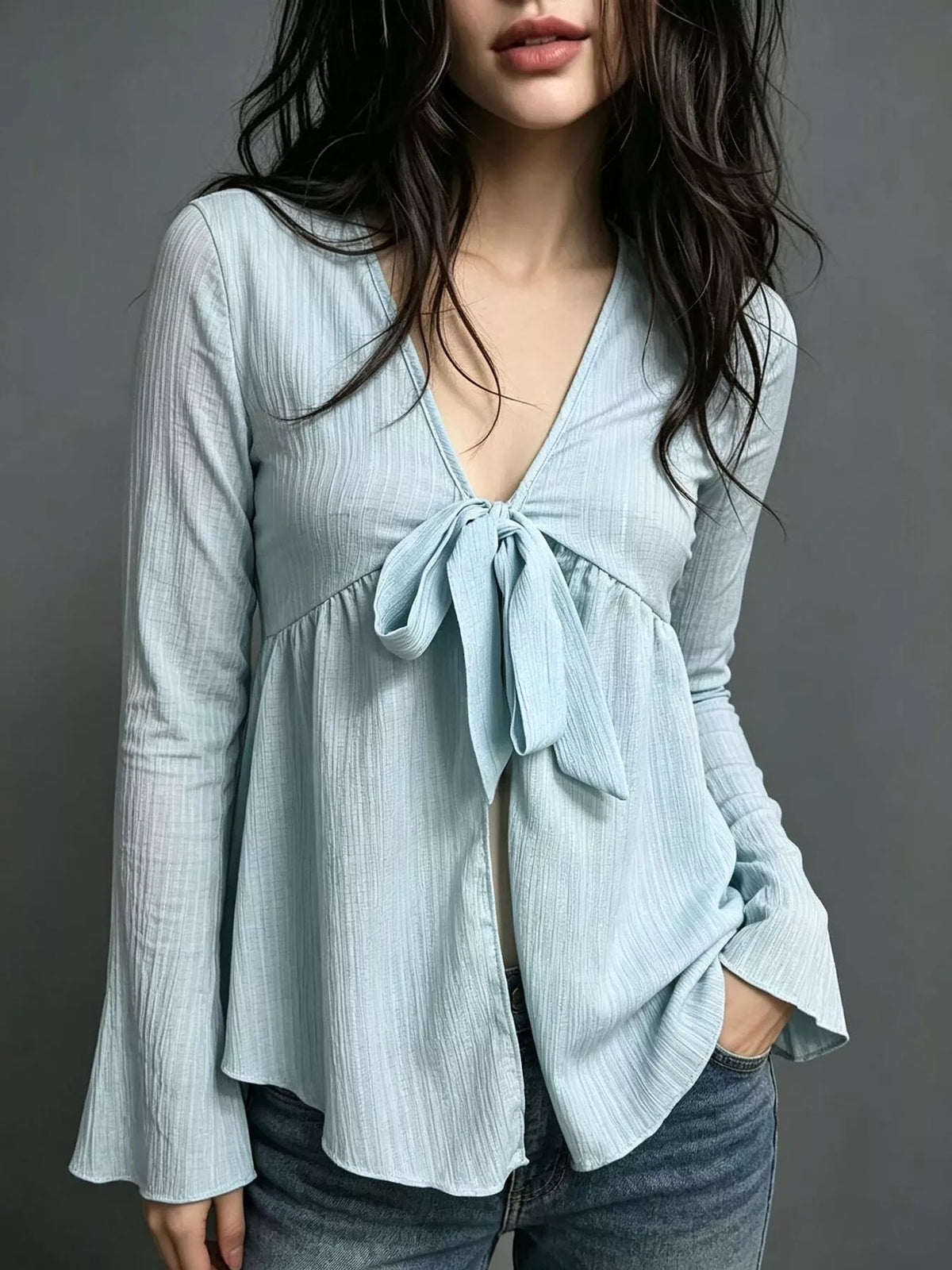 Tie-Front Flare Sleeve Blouse