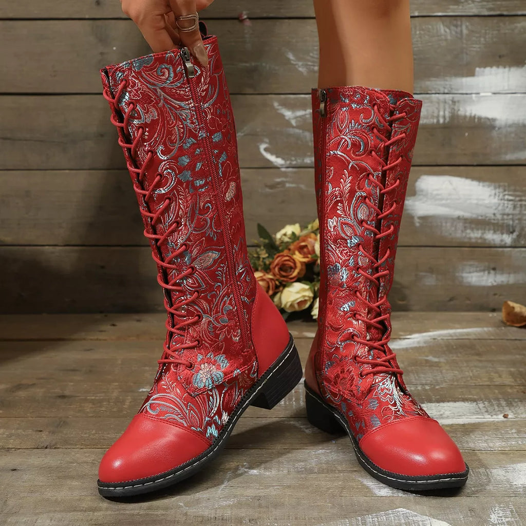 Embroidered Lace-Up Block Heel Boots