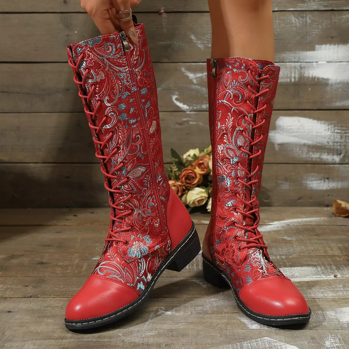 Embroidered Lace-Up Block Heel Boots