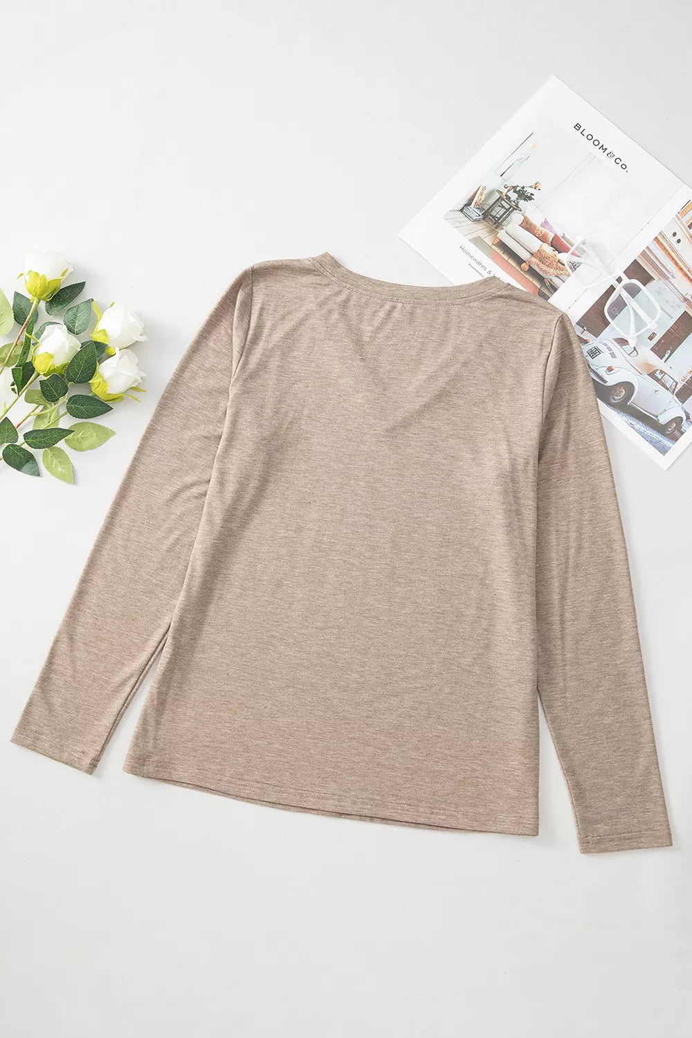 Solid Color V Neck Long Sleeve Stretchy Top