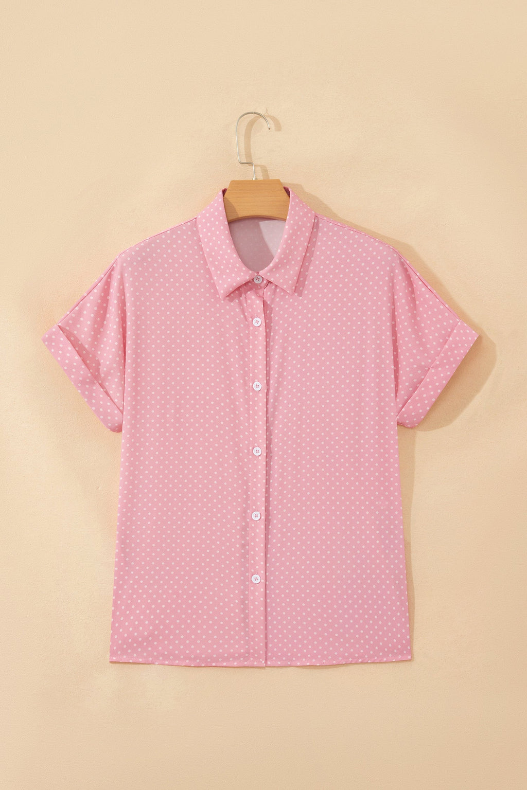 Pink Dotted Print Cuffed Short Sleeve Shirt