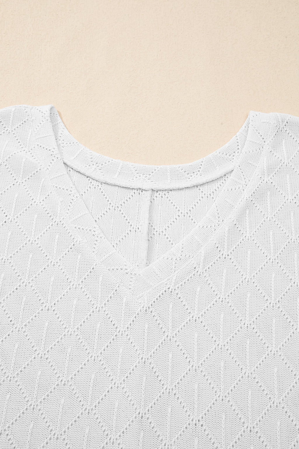 White Pointelle Rhombus Knit Plus Size V Neck Loose Top