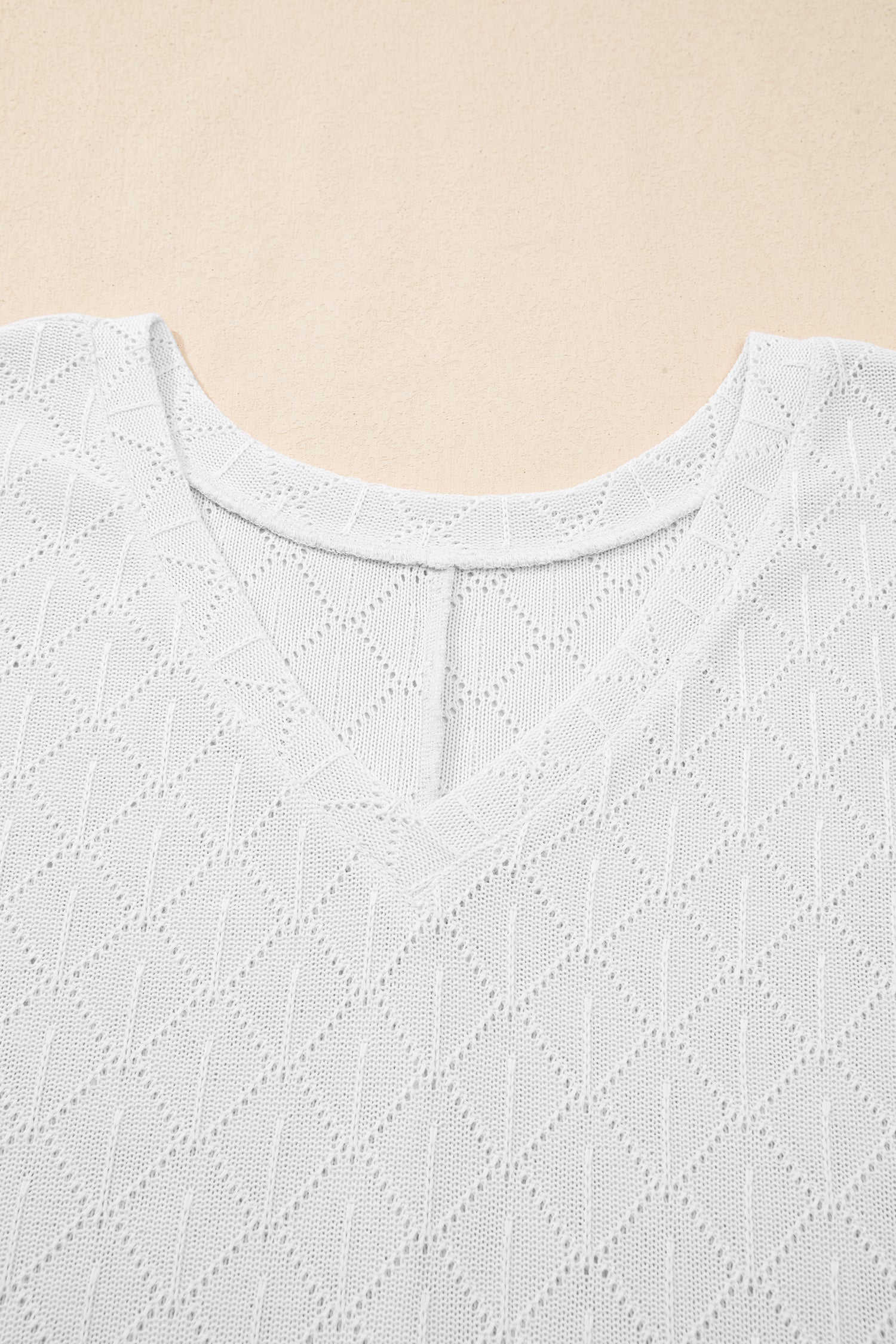 White Pointelle Rhombus Knit Plus Size V Neck Loose Top