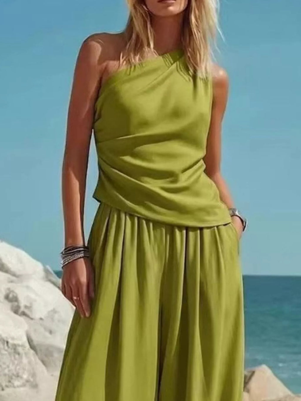 Full Size One-Shoulder Sleeveless Top and Harem Pants Set Plus Size