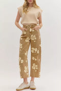 Floral Print Metal Button Pleated Straight Leg Jeans