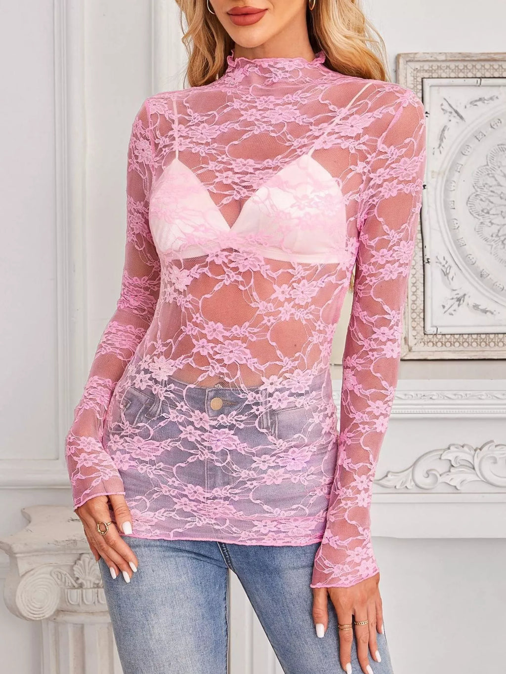 Sheer Floral Lace Long Sleeve Top