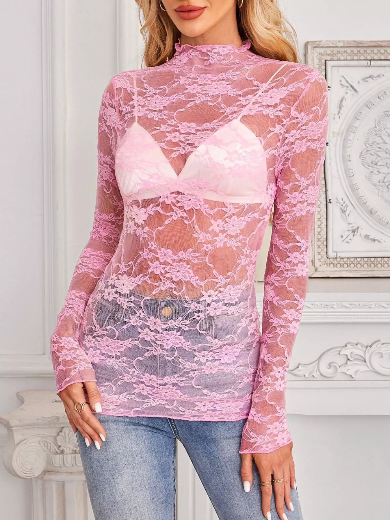 Sheer Floral Lace Long Sleeve Top