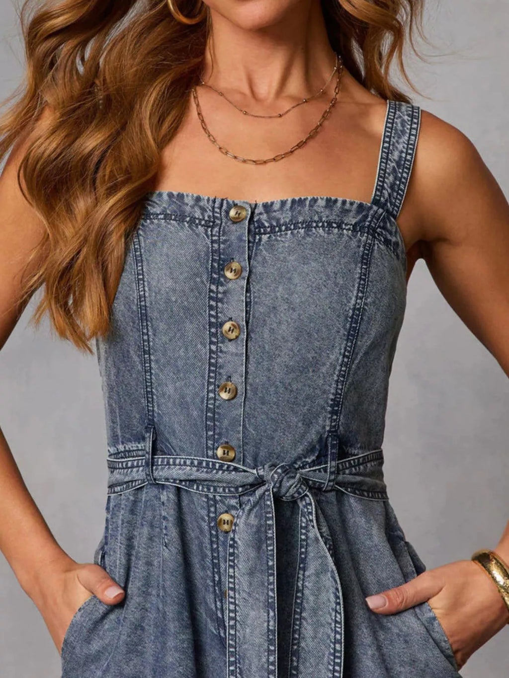 Belted Waist Wide Leg Denim Jumpsuit