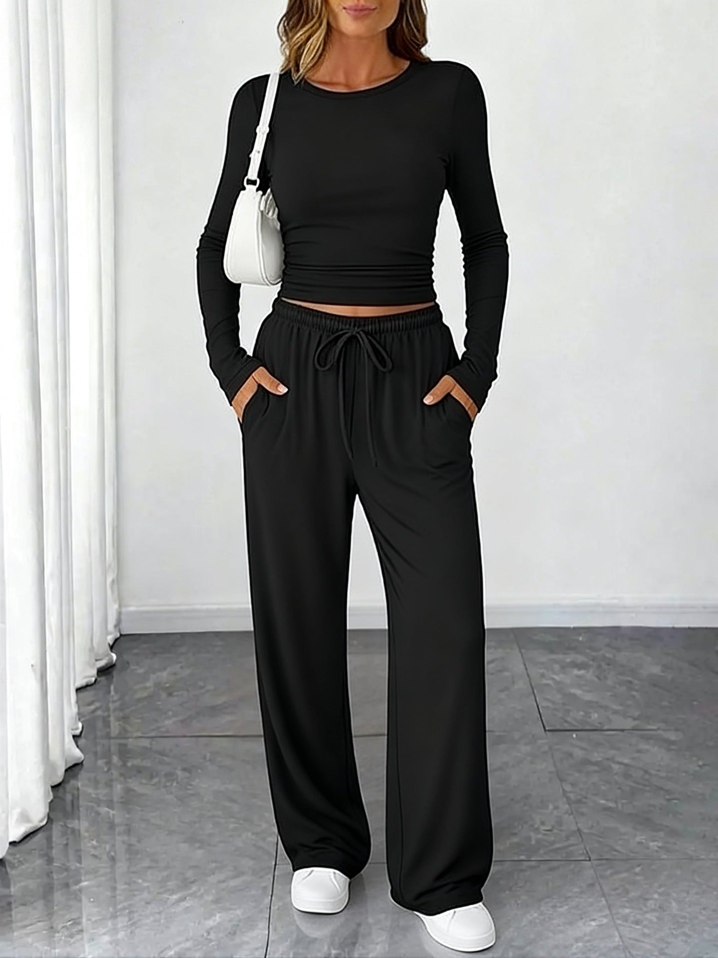 Amazon New European And American Style Slimming Waist-Cinching Fashionable Casual Suit Sports Yoga Spring And Summer Round Neck Long-Sleeved Women's Clothing