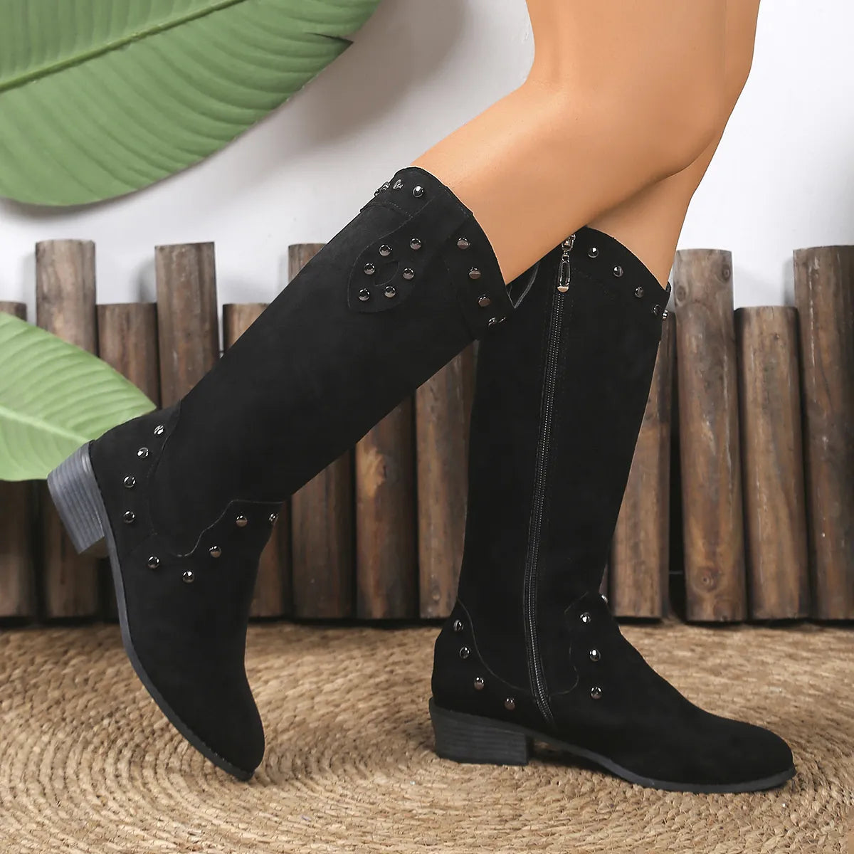 Studded Mid-Calf Boots with Side Zipper Closure