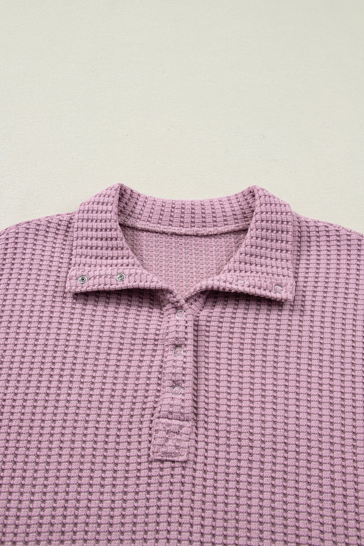 Solid Textured Knit Snap Button Collar Top