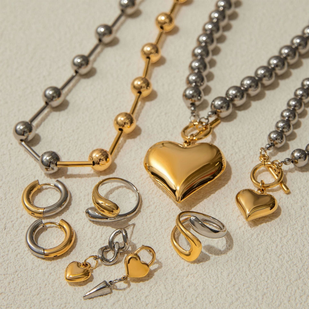18K gold heart shape with gold and silver color matching design trendy personality necklace bracelet ring earrings set