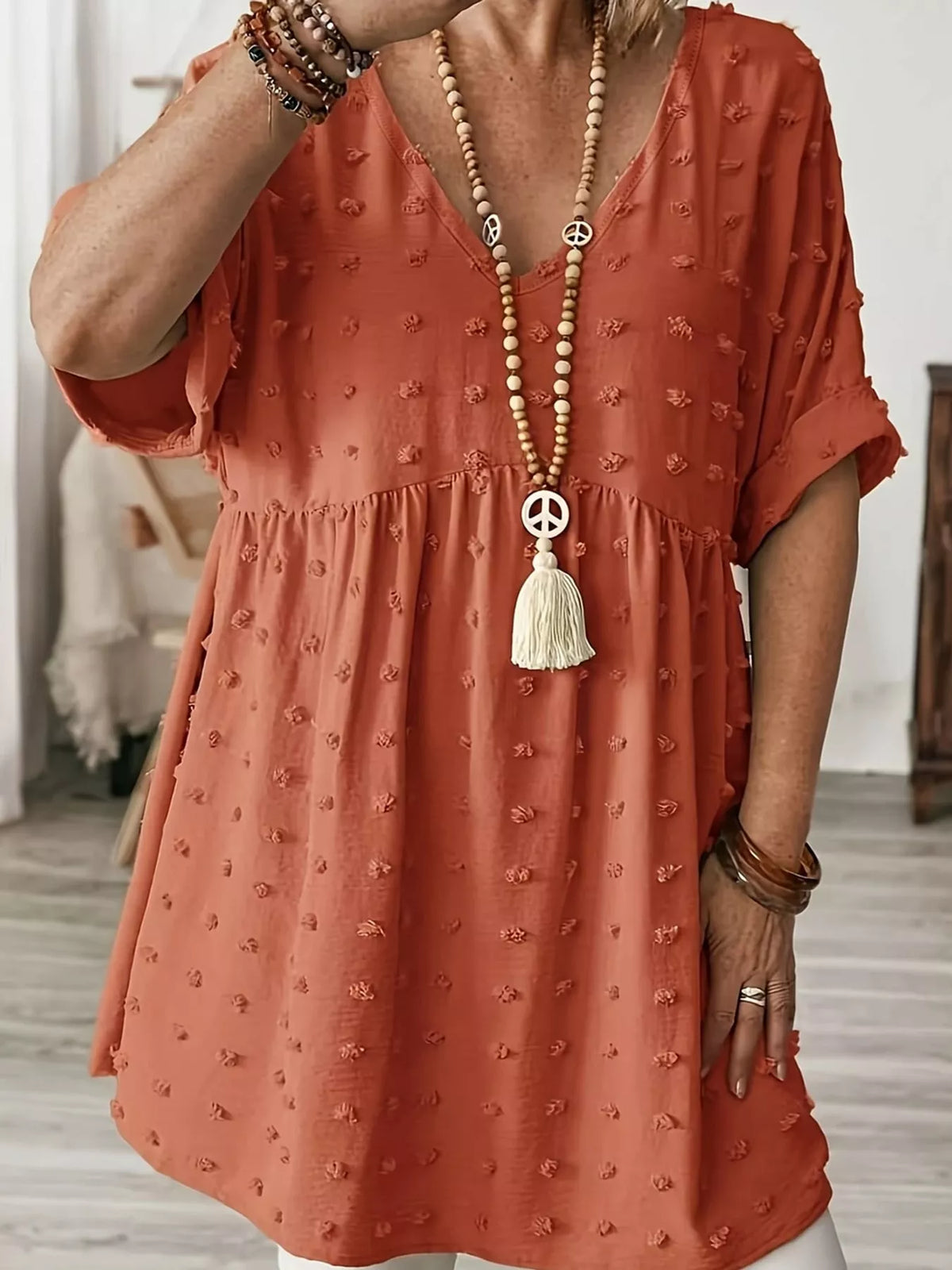 Plus Size Swiss Dot V-Neck Casual Blouse