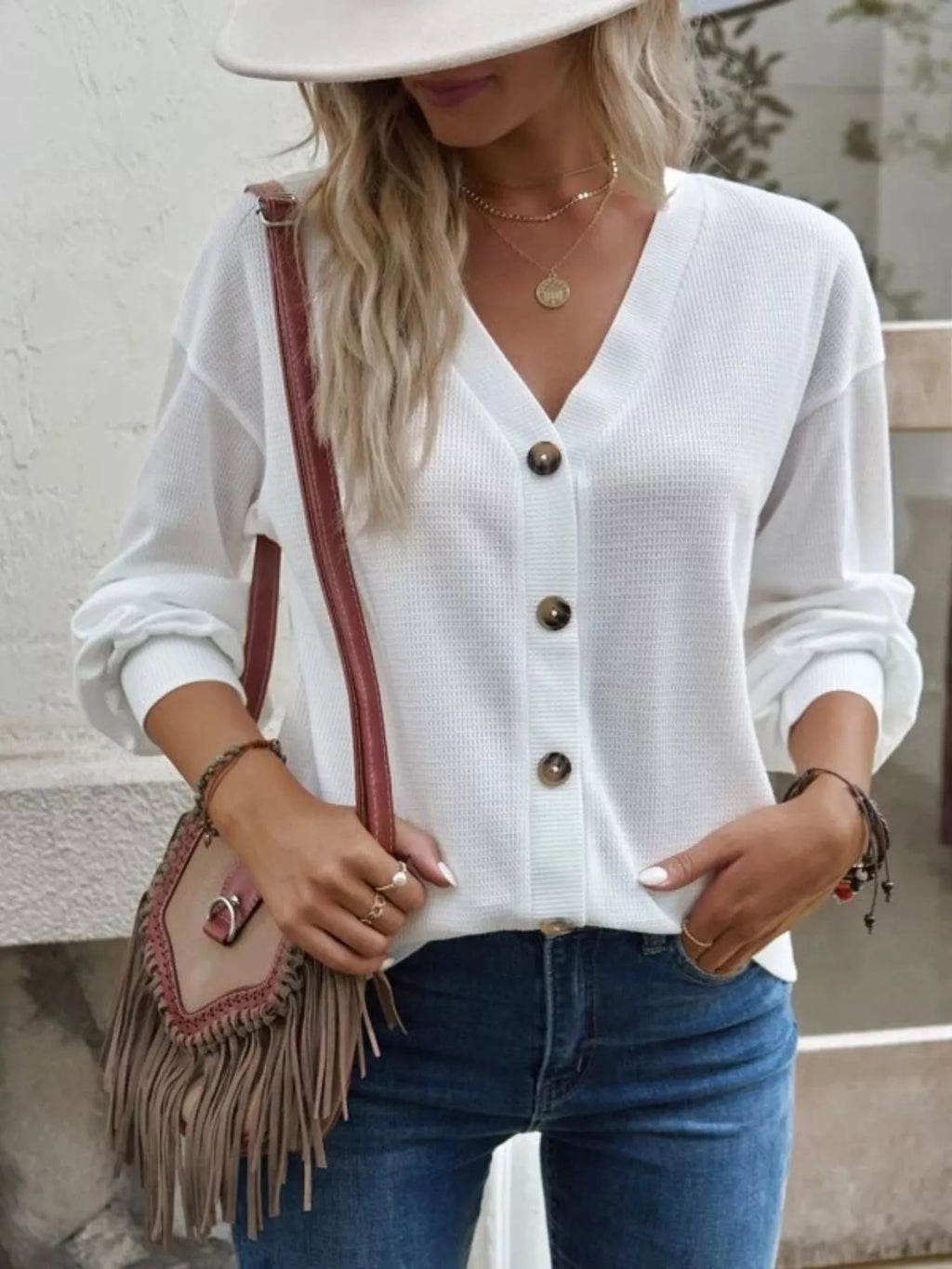 Casual V-Neck Waffle Long Sleeve Top