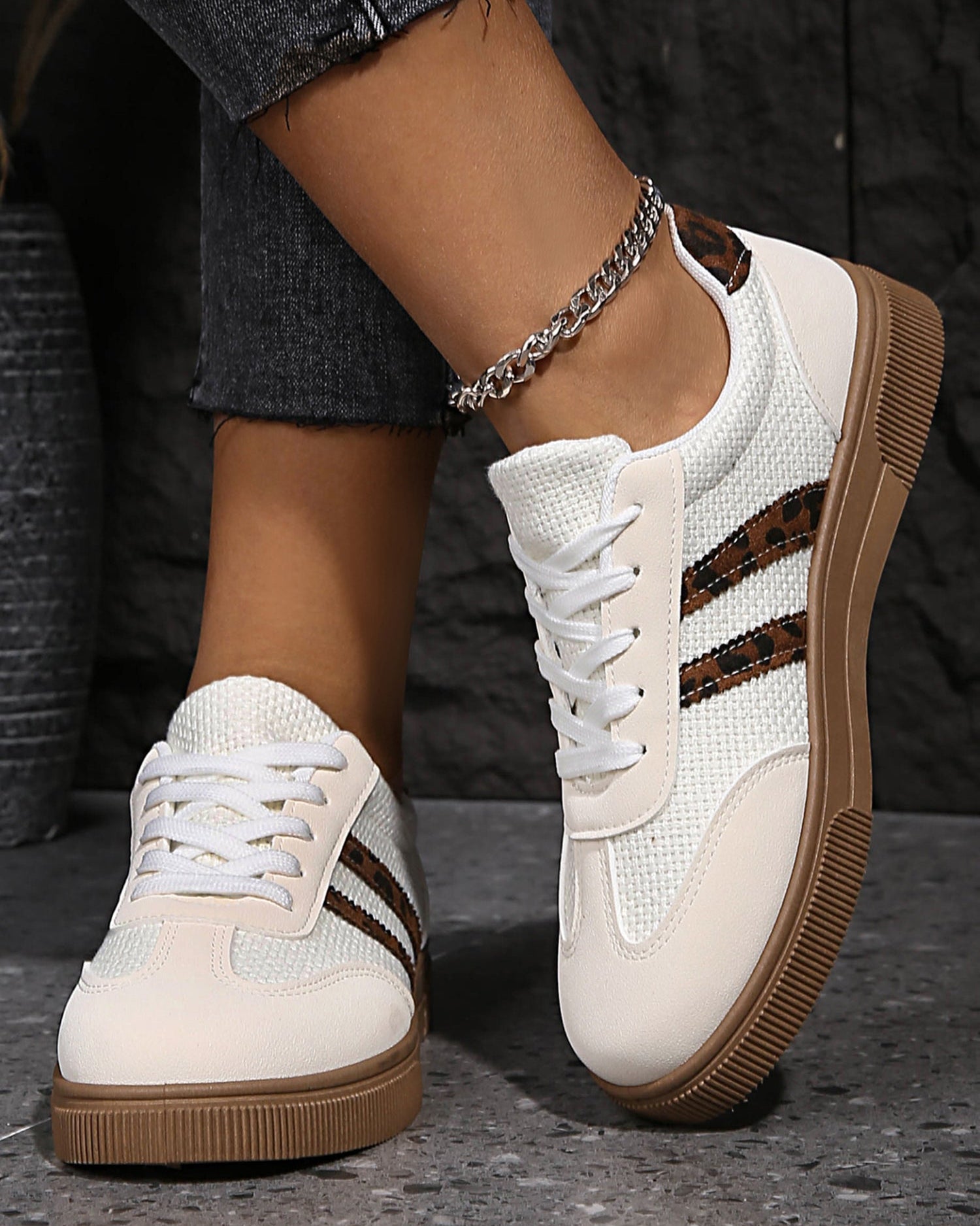 White Textured Woven Leopard Patchwork Flat Sneakers