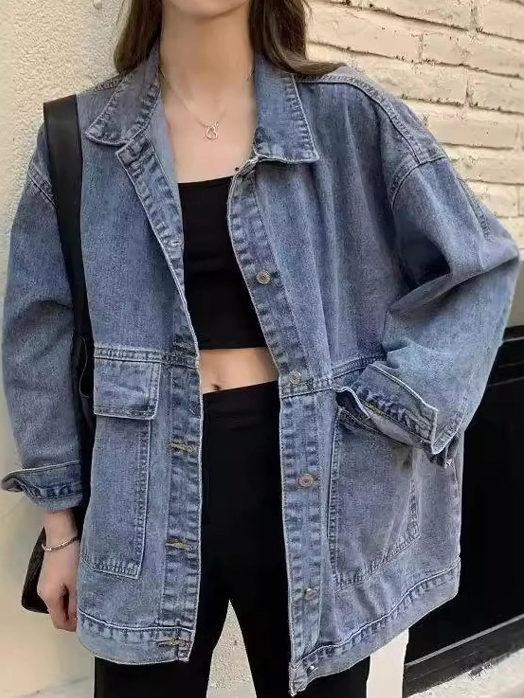 Oversized Wash Denim Jacket with Utility Pockets