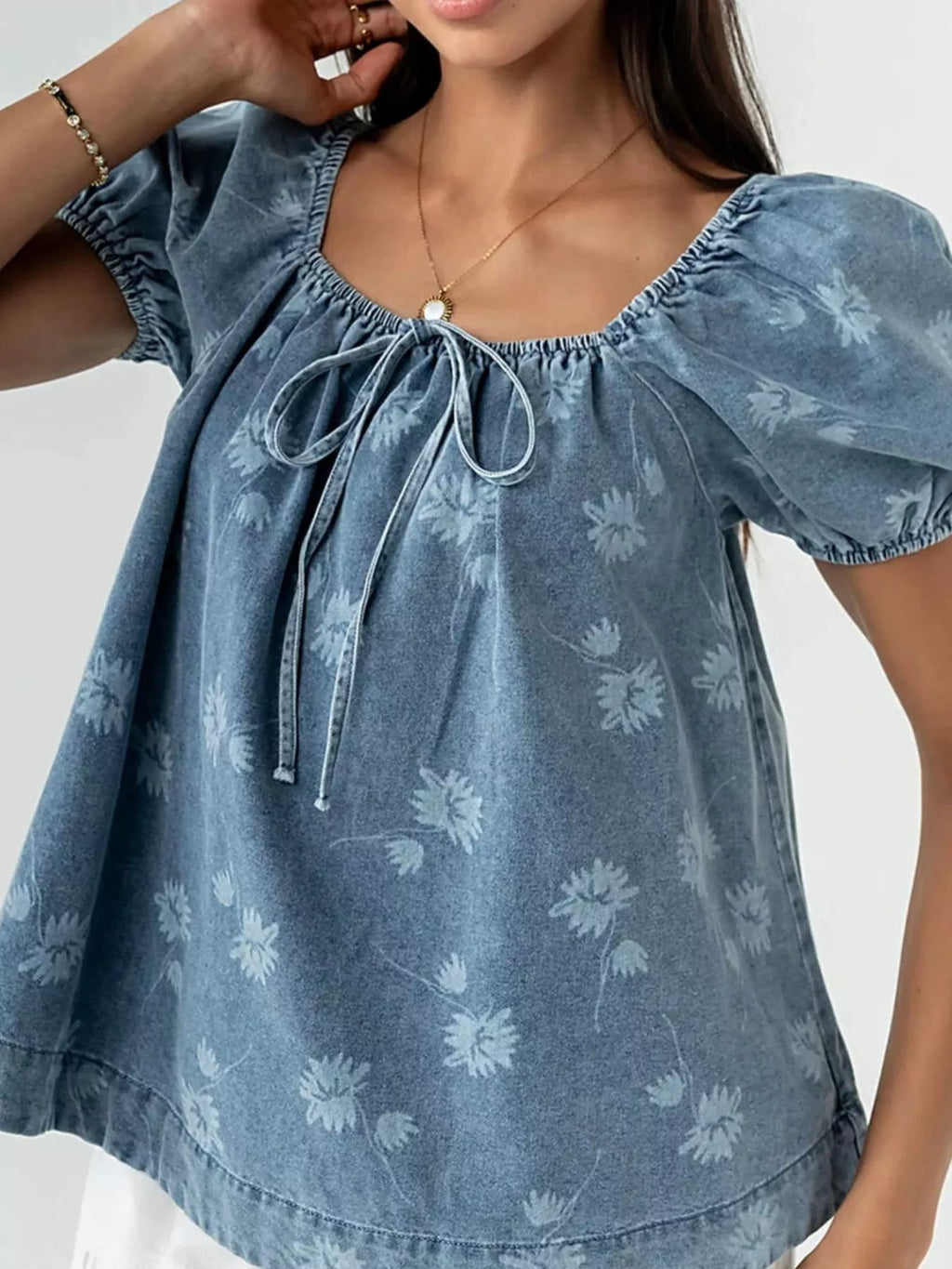 Floral Print Puff Sleeve Denim Top