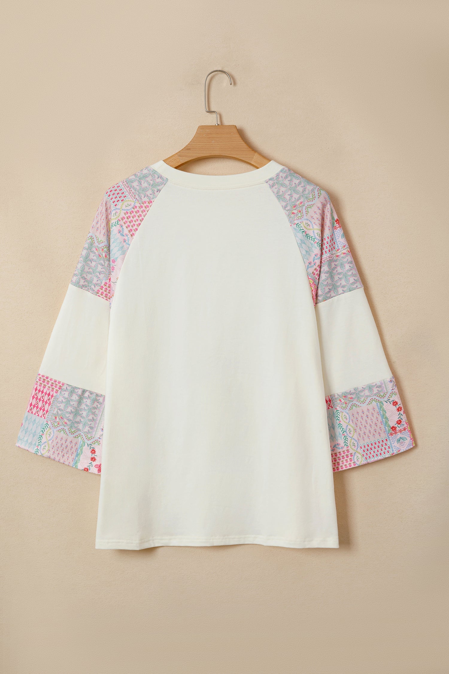 Beige Color Block Retro Floral Patchwork Long Sleeve Top