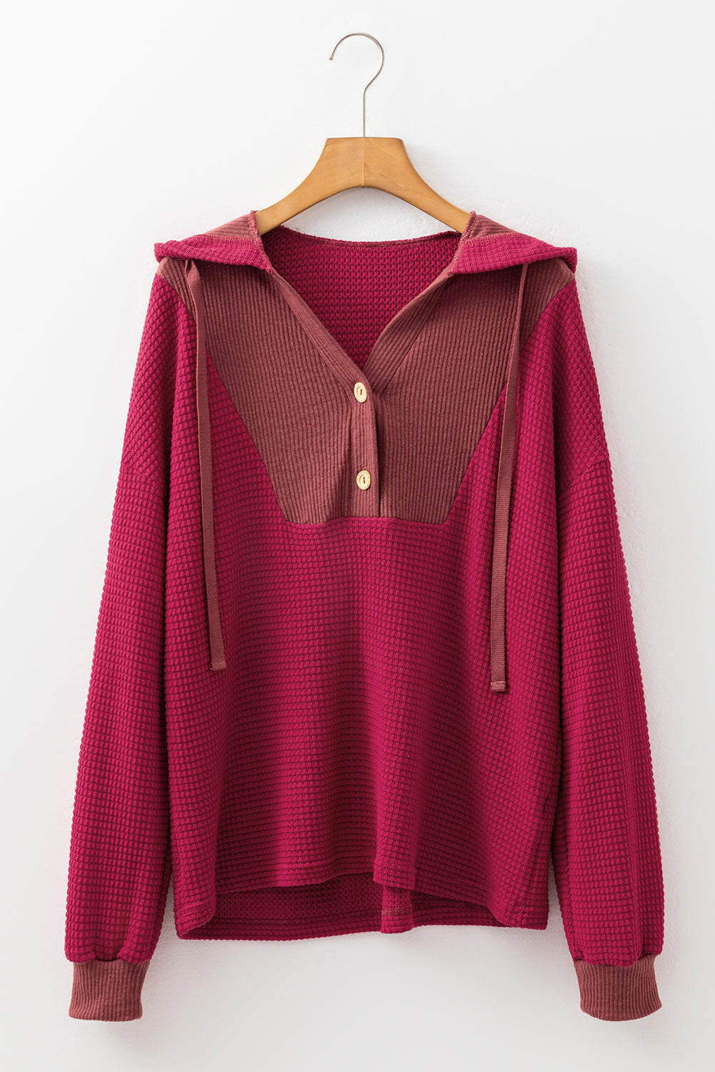 Waffle Patchwork Drop Shoulder Long Sleeve Hooded Top