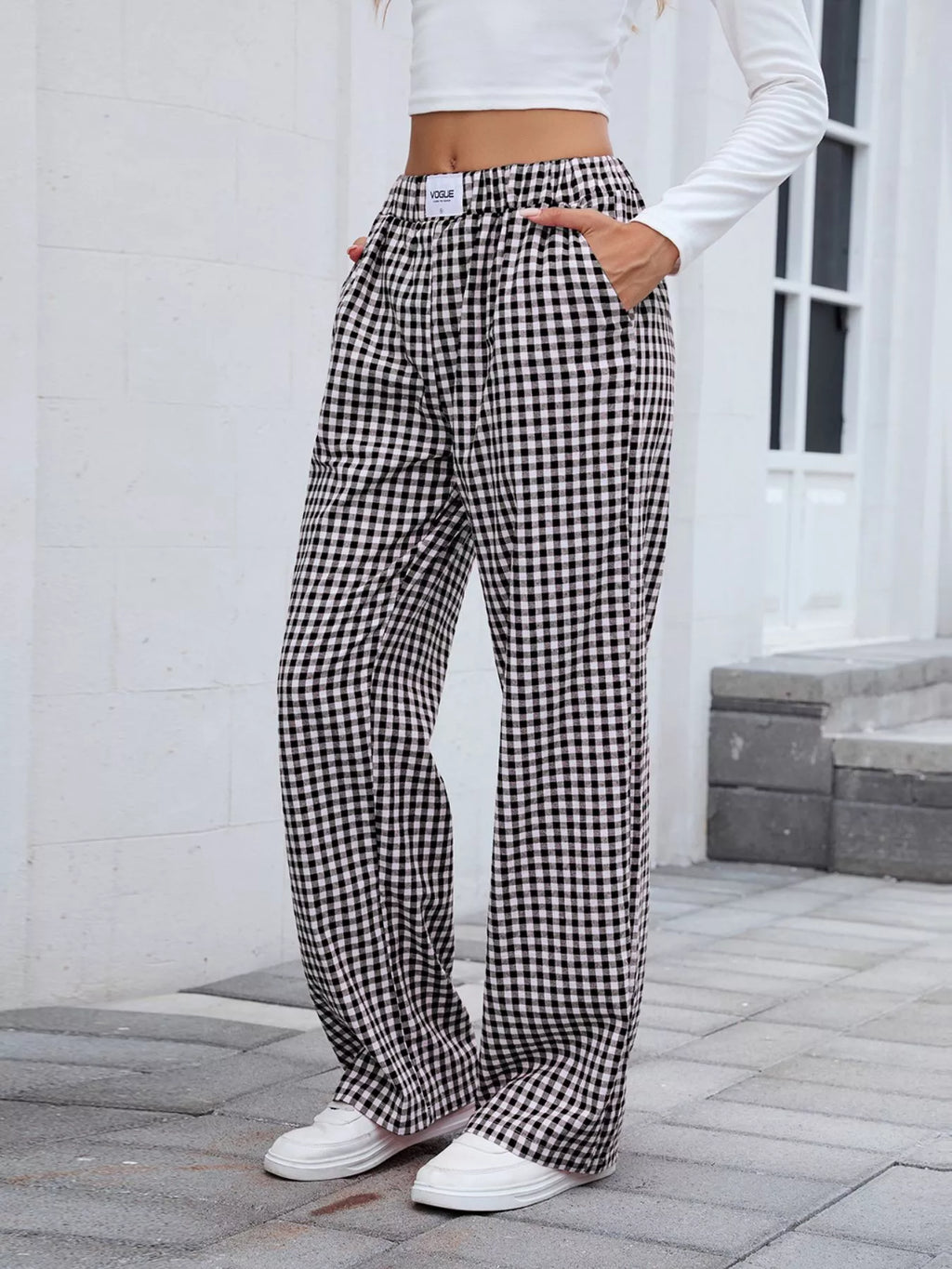 Plaid Wide-Leg Cotton Pants with Side Pockets