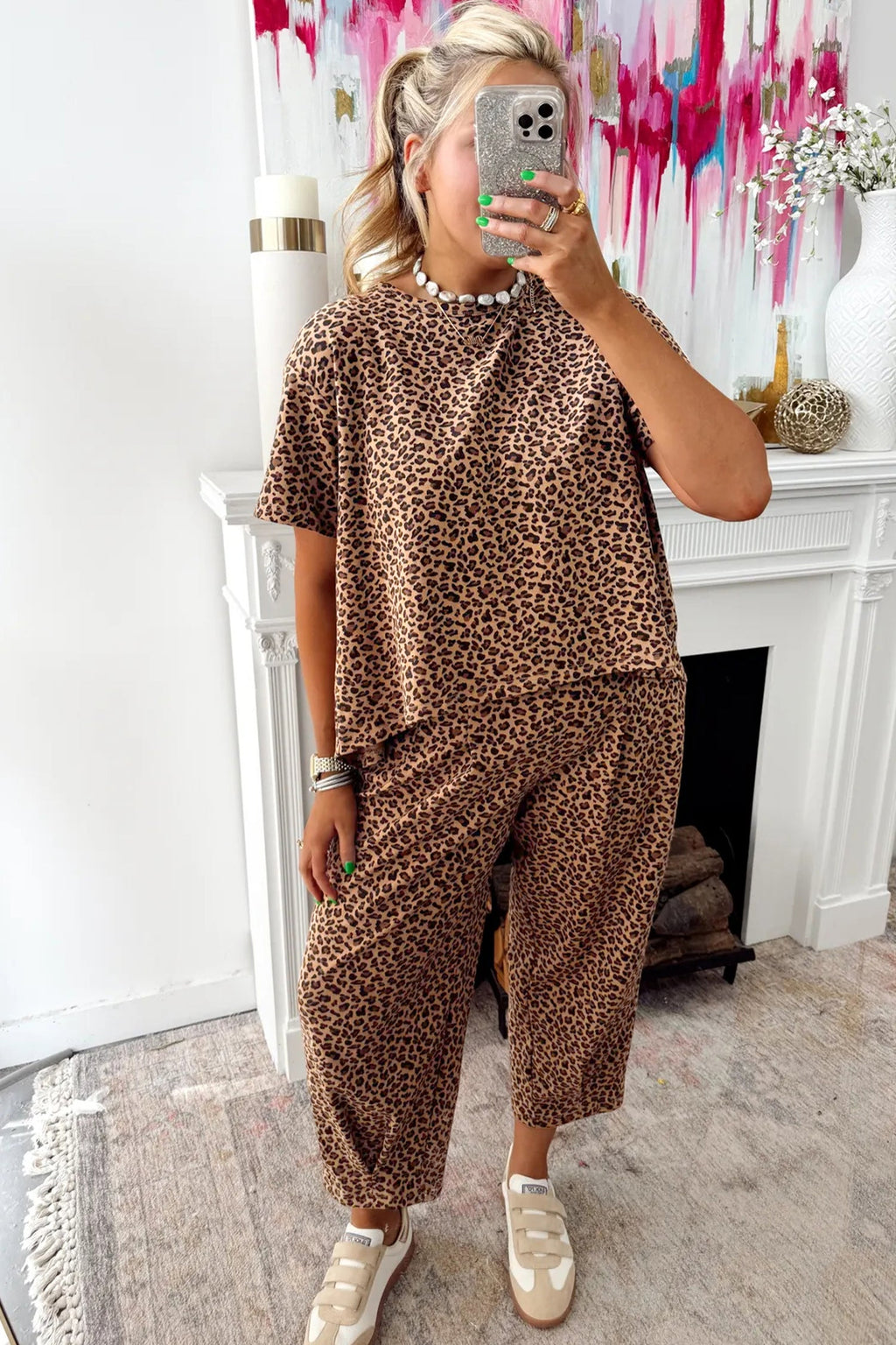 Brown Leopard High-Low Loose Tee Ankle Length Pants Set