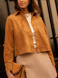 Cropped Faux Suede Button-Down Jacket