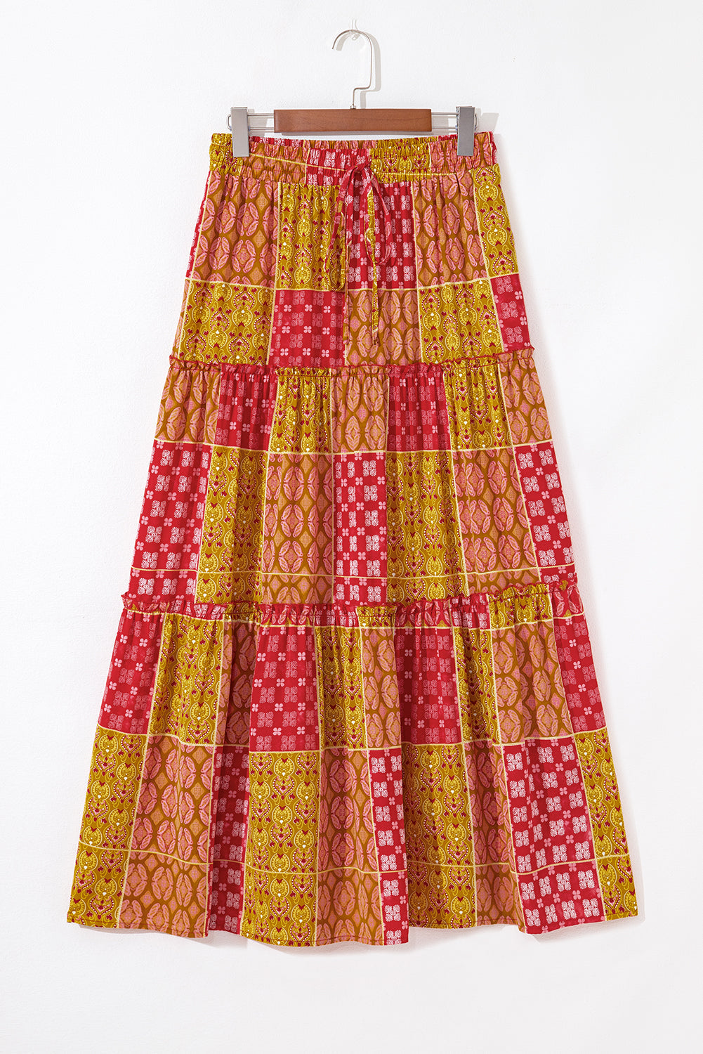 Orange Tiered Paisley Print Pocketed Maxi Skirt