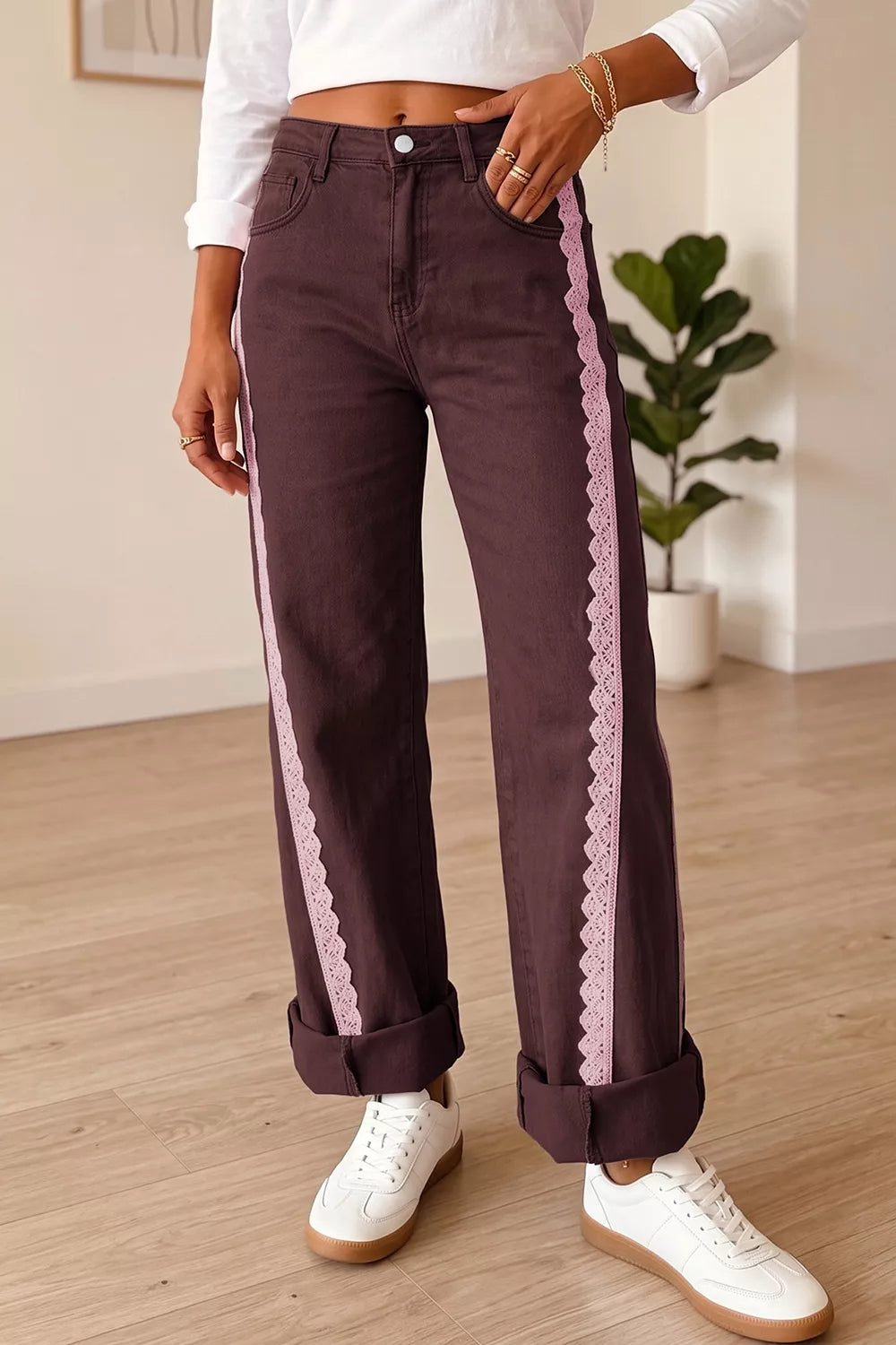 Lace Trim Casual Full-Length Regular Fit Jeans