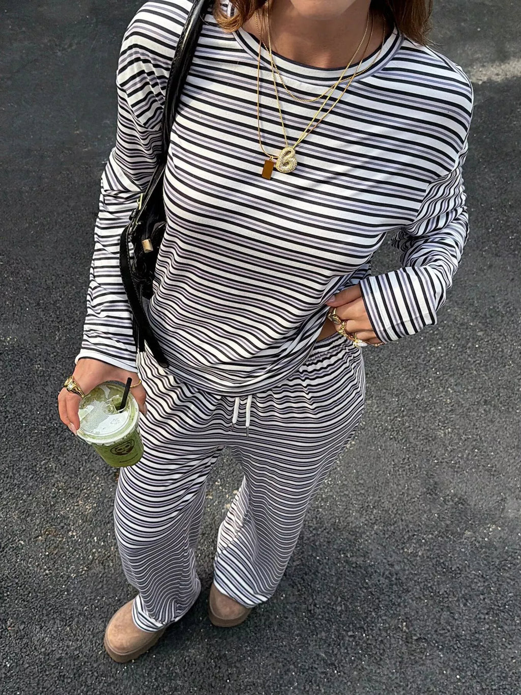 Striped Casual Long Sleeve Top and Wide Leg Pants Set