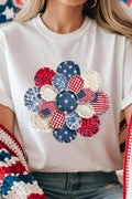 White Faux Patchwork Patriotic Flower Printed T Shirt