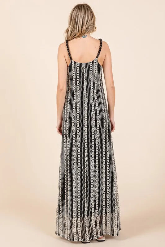 Striped Scoop Neck Beaded Strap Maxi Cami Dress