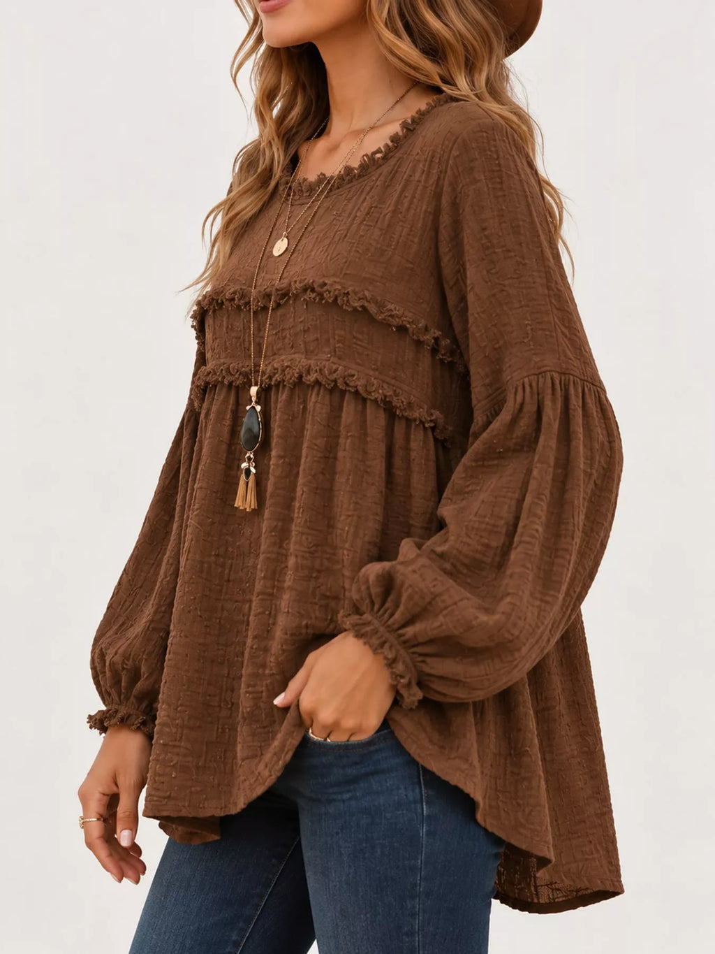 Full Size Boho Chic Textured Frayed Trim Peplum Blouse Plus Size