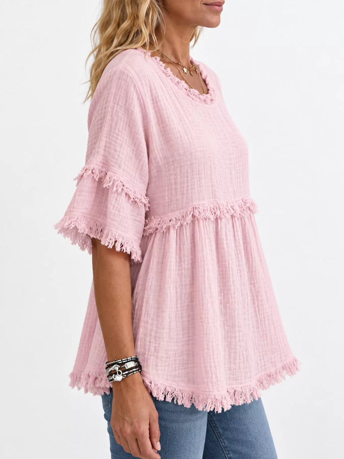 Full Size Frayed Edge Textured Blouse Plus Size