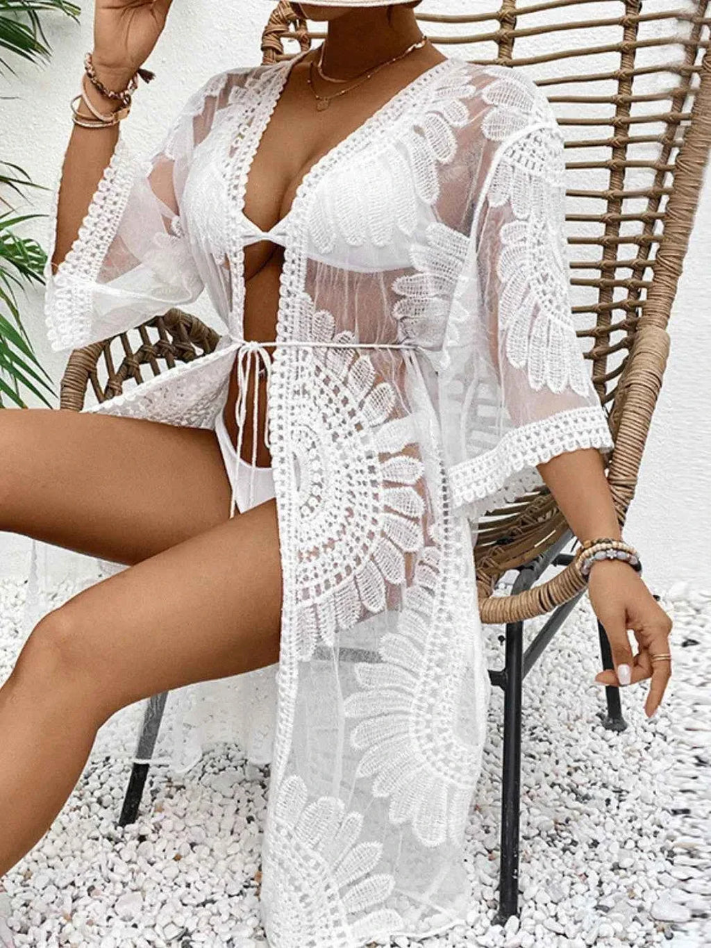 Lace Open Front Longline Kimono Cover-Up