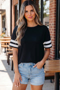 Black Varsity Striped Short Sleeve Crew Neck T Shirt