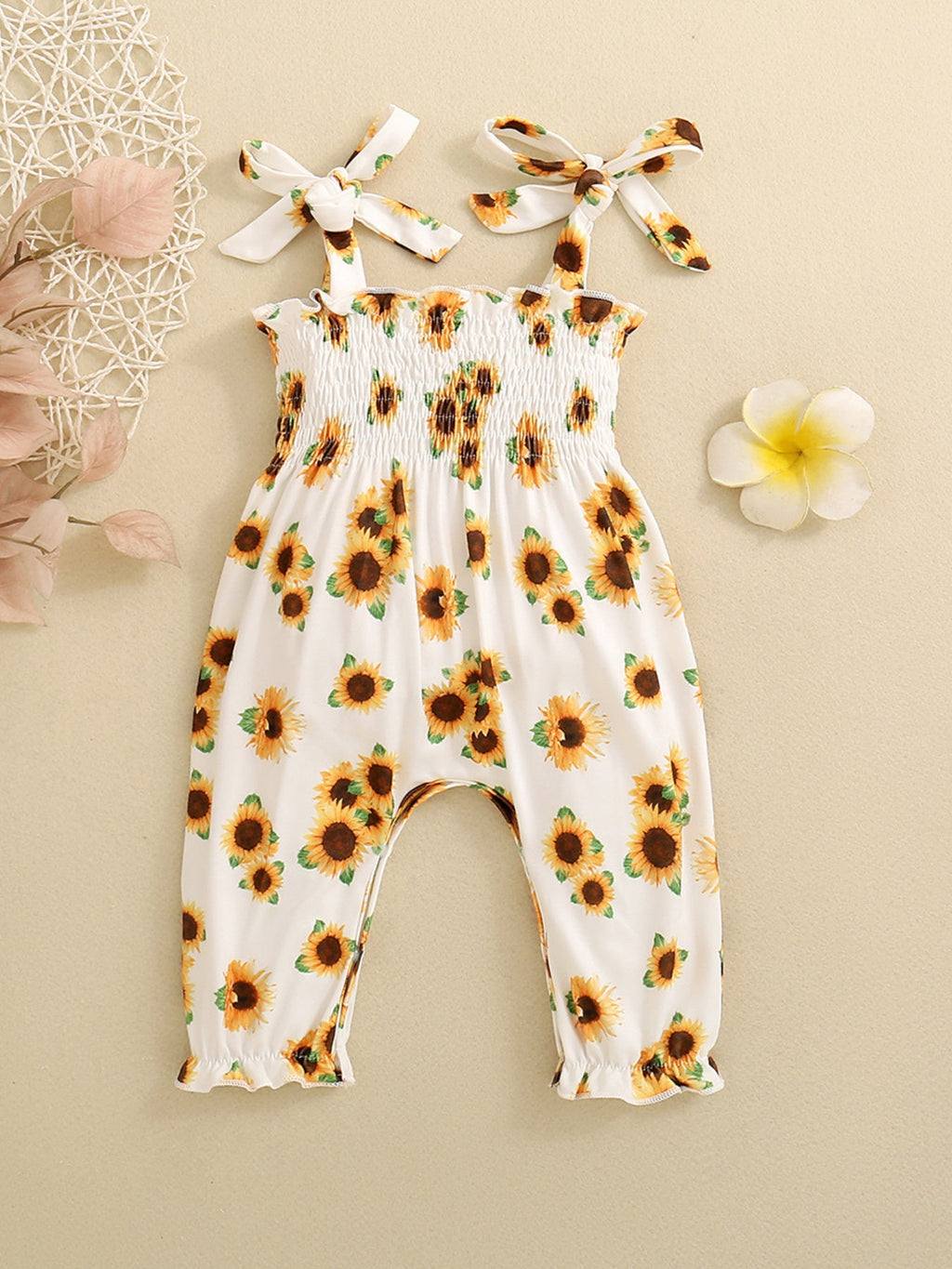 Children's Sunflower Print Smocked Ruffle Trim Jumpsuit